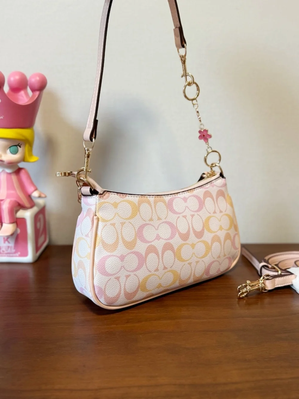 Coach Pink Pastel Signature Shoulder Bag with Cherry Blossom Chain